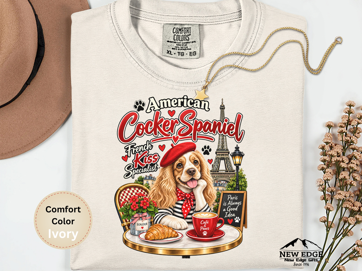 American Cocker Spaniel T-Shirt, Funny Dog Lover Shirt, Paris Café Dog Graphic