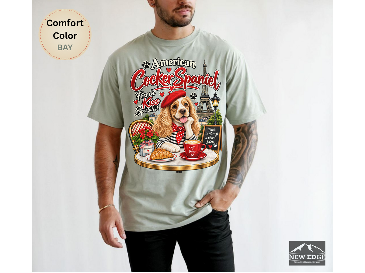 American Cocker Spaniel T-Shirt, Funny Dog Lover Shirt, Paris Café Dog Graphic