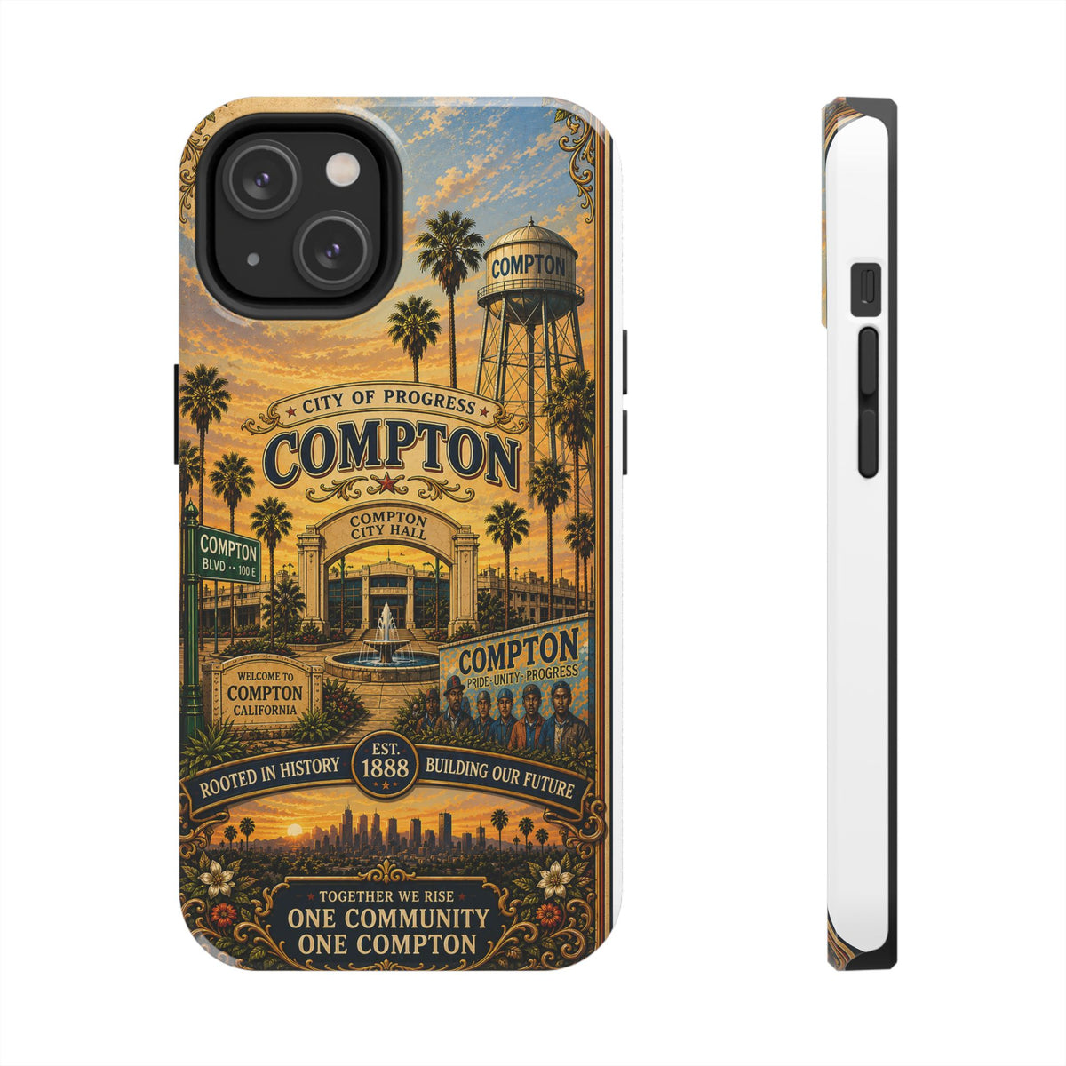 Compton Heritage Tough PhoCompton California Vintage Travel Phone Case City of Progress Retro Skyline Landmark Coverne Case — "One Community, One Compton" Vintage City Design