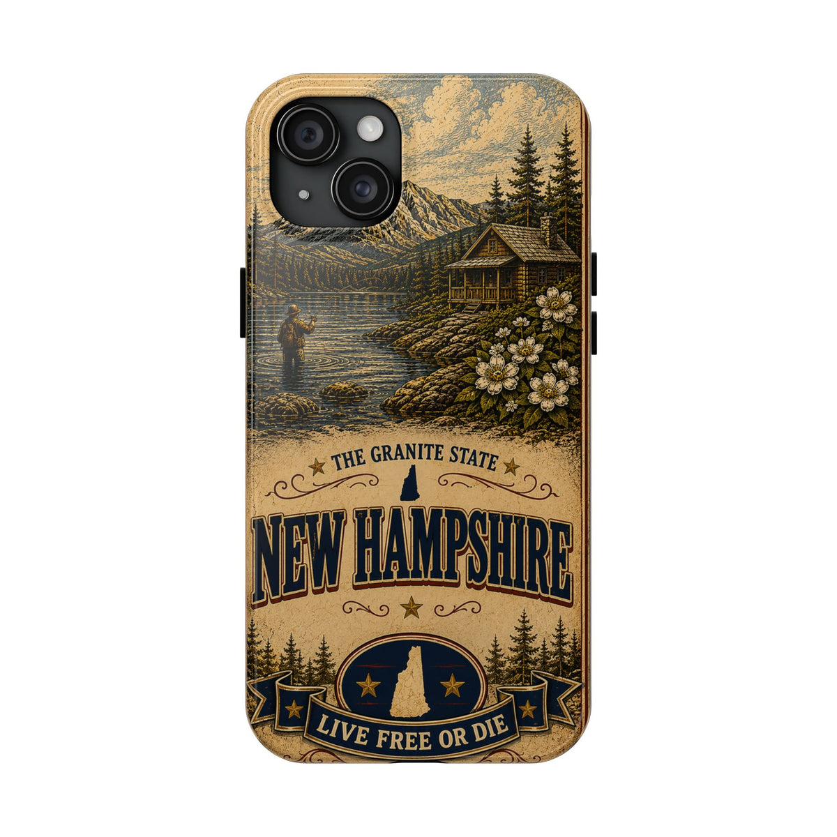 New Hampshire Faux Patchwork Phone Case Live Free or Die Granite State Vintage Travel Poster iPhone 17 Samsung S26 Cover