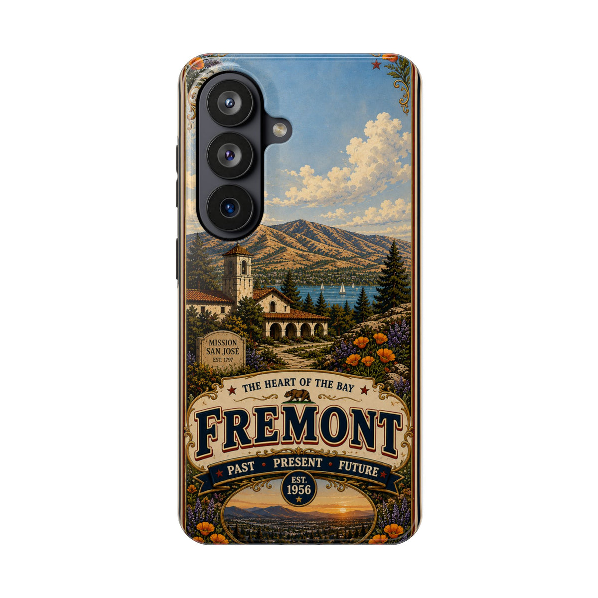 Fremont California Faux Patchwork Phone Case – Heart of the Bay Retro Travel Art, Mission San José Landmark Cover