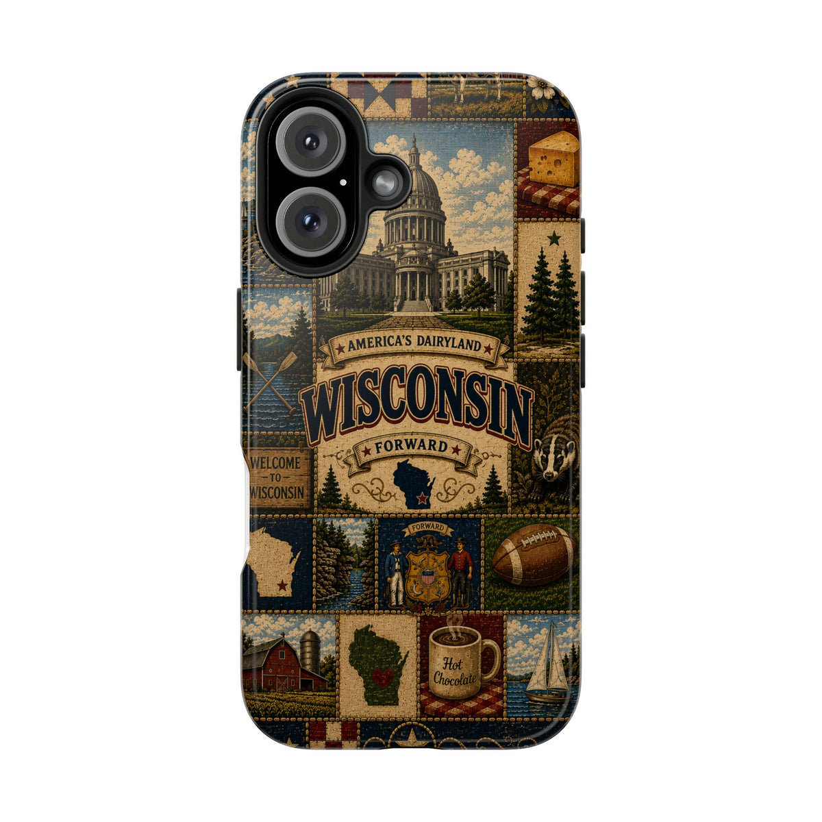 Wisconsin Faux Patchwork Phone Case Americas Dairyland Retro Barn Lighthouse Forward State Pride Cover