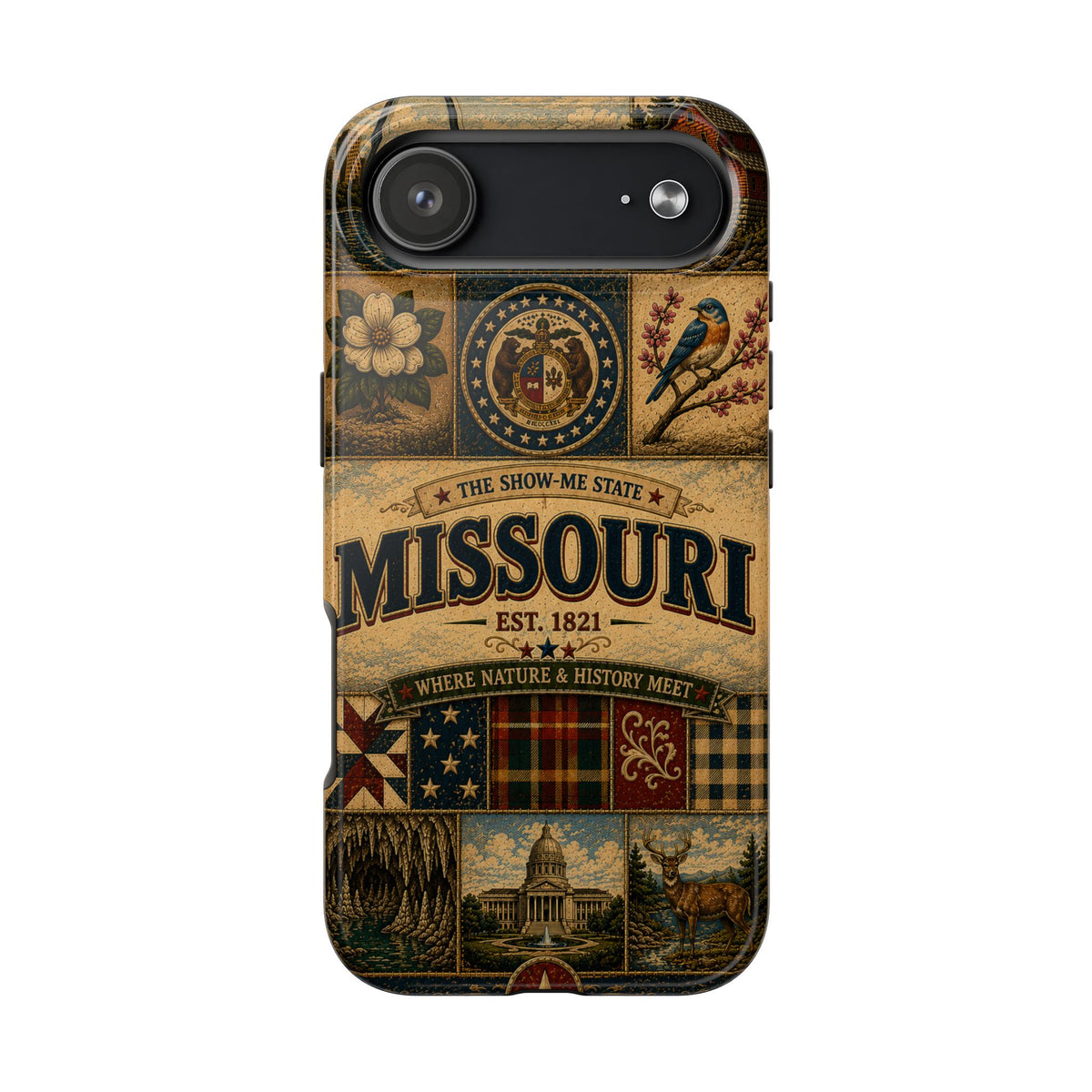 Missouri Show Me State Faux Patchwork Phone Case – Vintage Travel Poster Gateway Arch & Riverboat Cover for iPhone & Samsung