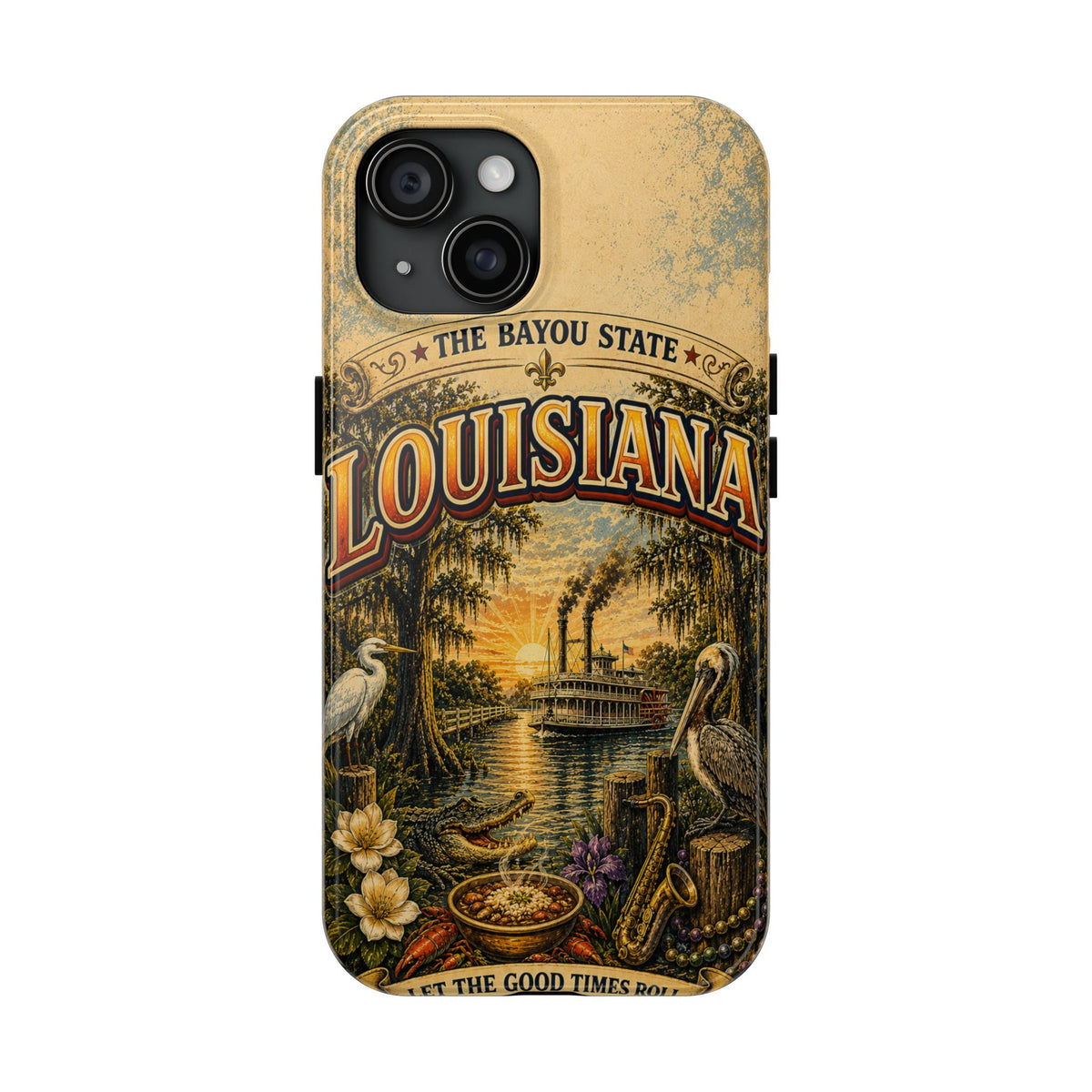 Louisiana Bayou State Faux Patchwork Phone Case – Vintage Travel Poster Style Louisiana Souvenir Cover for iPhone & Samsung