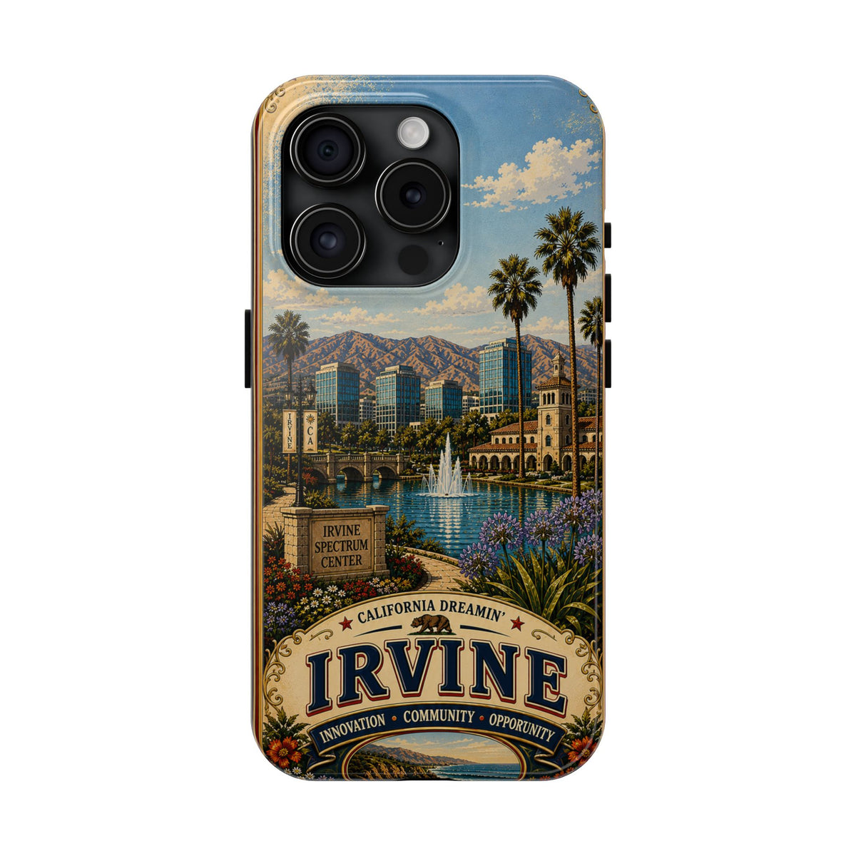 Irvine Faux Patchwork Phone Case – California Dreamin’ Vintage Travel Art, Spectrum Park & Cityscape Cover
