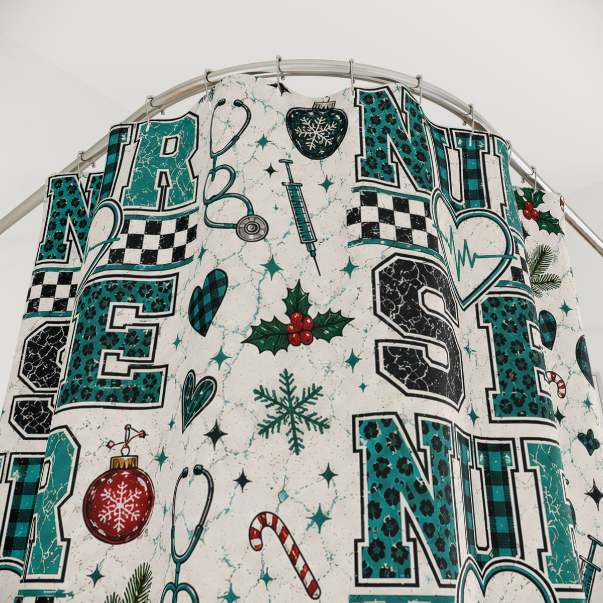Christmas Nurse Shower Curtain Faux Patchwork Stethoscope Heartbeat Teal Plaid Nursing Holiday Bathroom Decor Nurse Gift