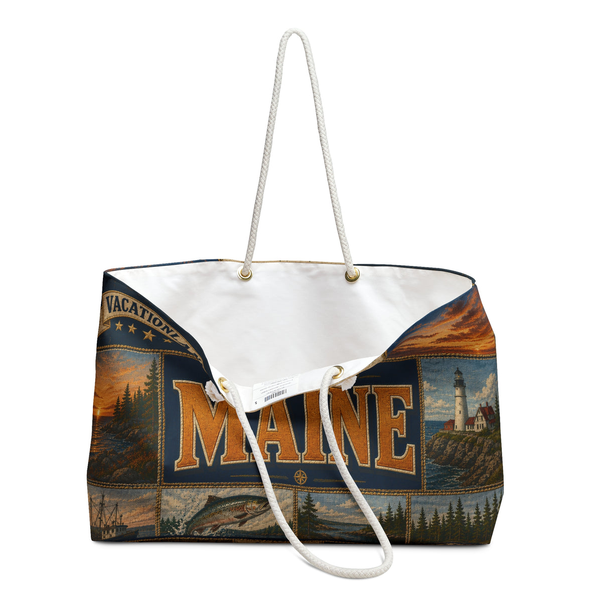 Maine Weekender Bag Vacationland Faux Patchwork Travel Tote Pine Tree State Coastal Adventure Souvenir Gift