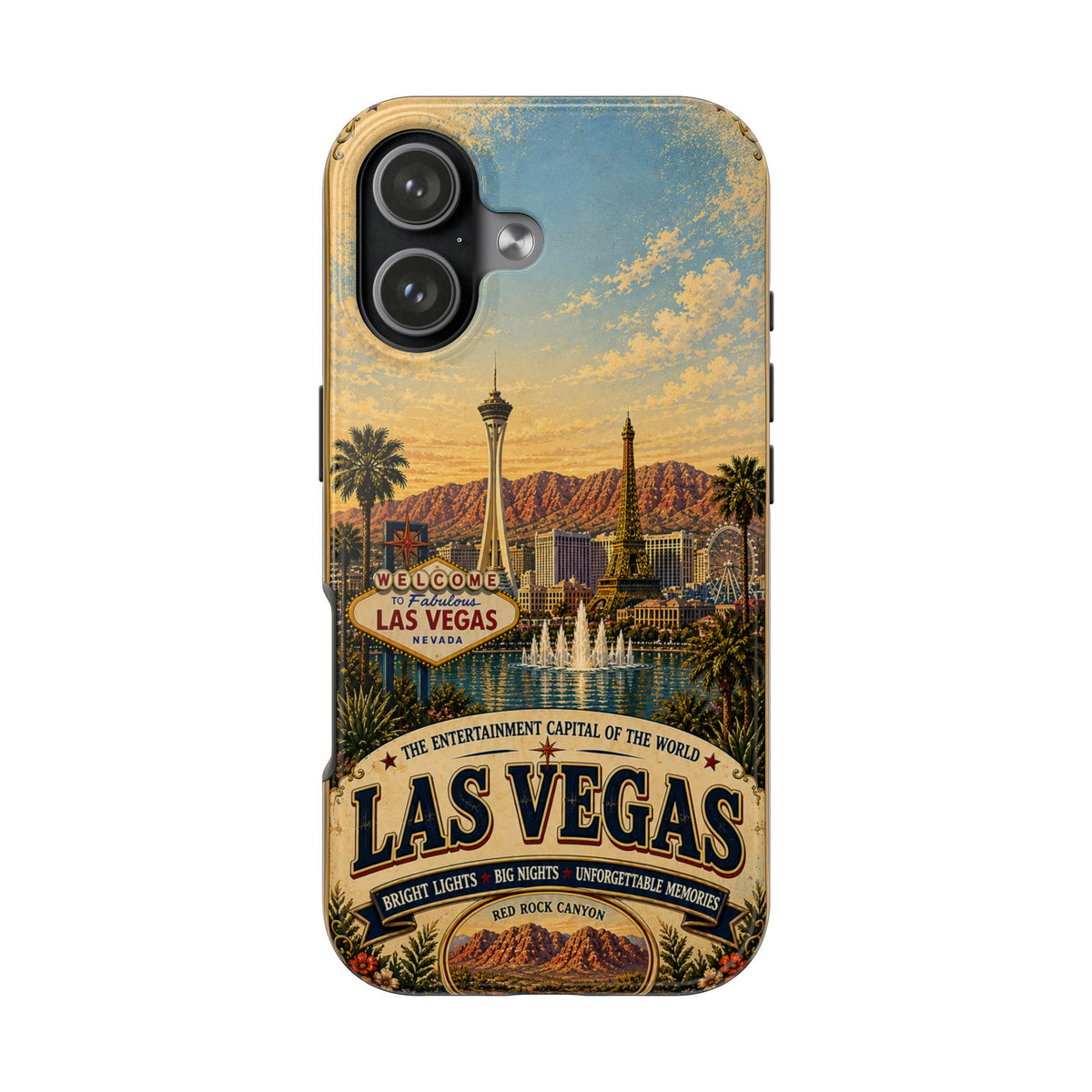 Las Vegas Faux Patchwork Phone Case – Entertainment Capital Retro Travel Art, Strip Skyline & Desert Sunset Cover