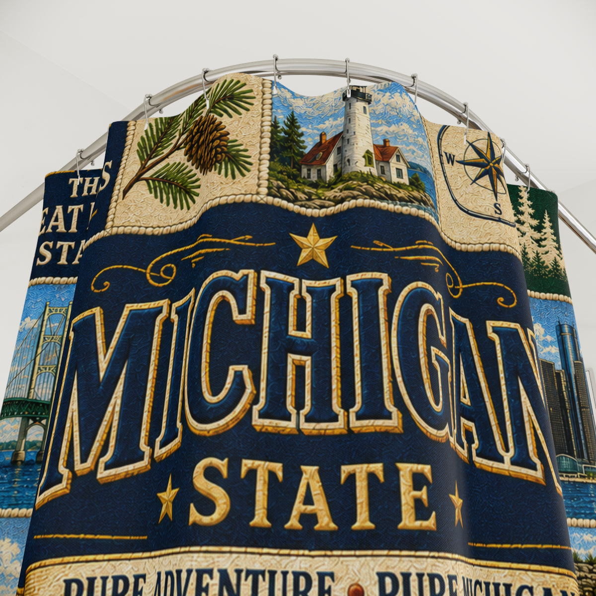 Michigan Shower Curtain, Great Lakes State Decor, Scenic Lake Life Faux Patchwork, Michigan Landmark Bathroom Decor