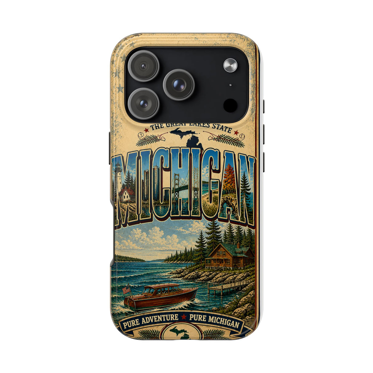 Michigan Great Lakes Faux Patchwork Phone Case – Vintage Travel Poster Style Michigan State Pride Cover for iPhone & Samsung