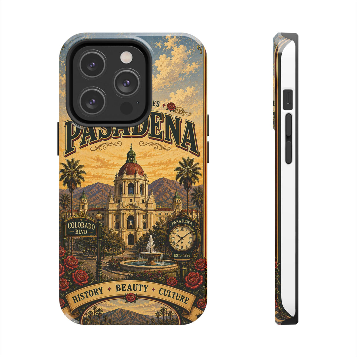 Pasadena City of Roses Faux Patchwork Phone Case – Vintage California Landmark Travel Art Cover