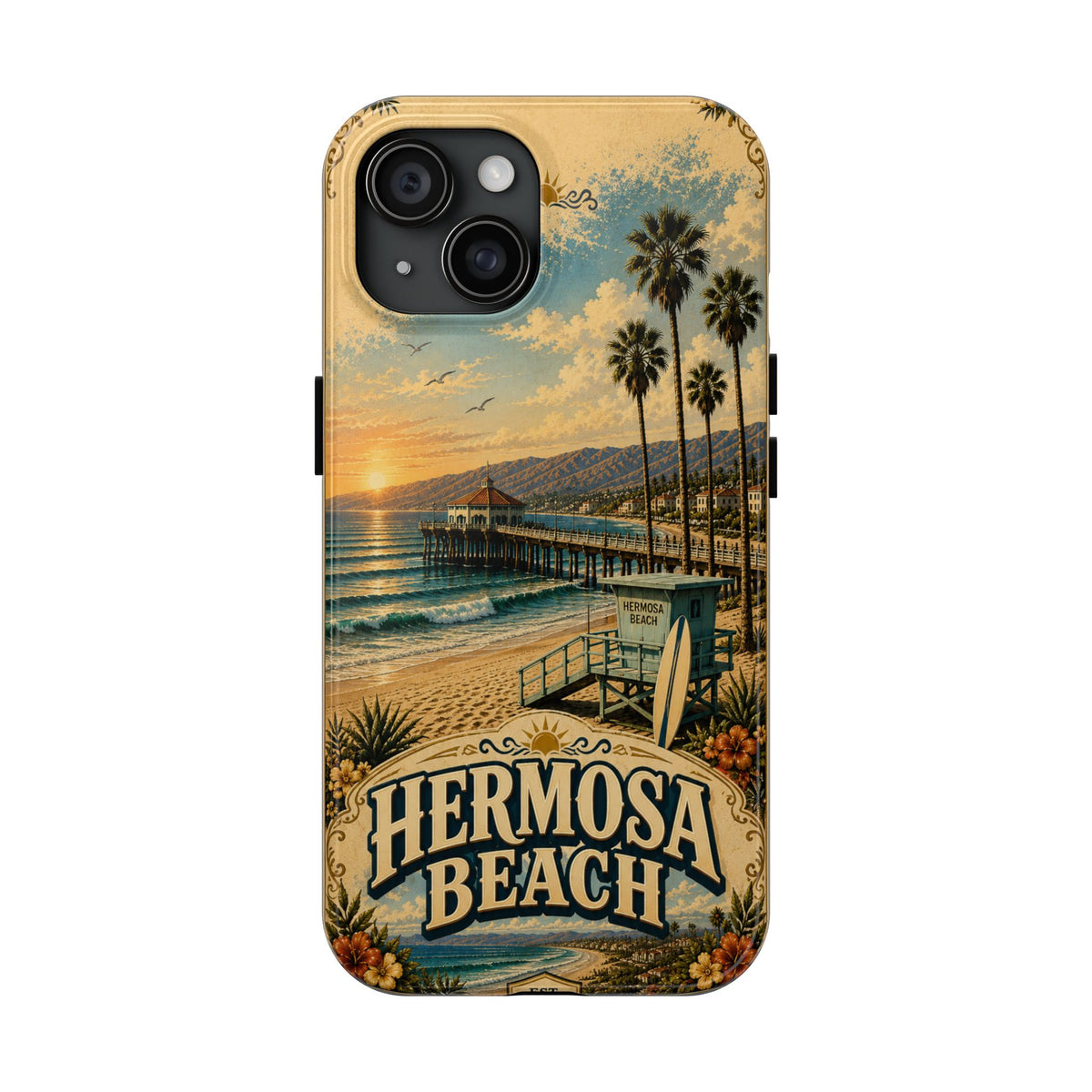Coastal Pier Faux Patchwork Phone Case – Sunset Waves & Surf Retro California Beach Art Cover