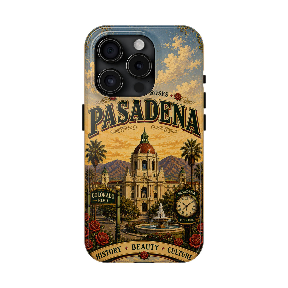 Pasadena City of Roses Faux Patchwork Phone Case – Vintage California Landmark Travel Art Cover