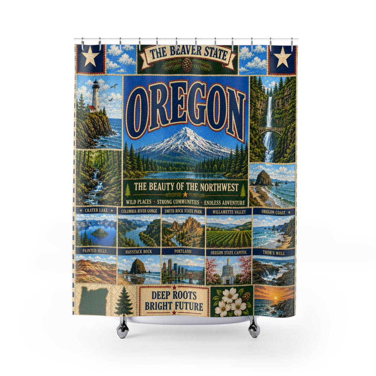 Oregon Shower Curtain Beaver State Faux Patchwork Pacific Northwest Mountains Coast Scenic Landmarks Rustic Bathroom Decor