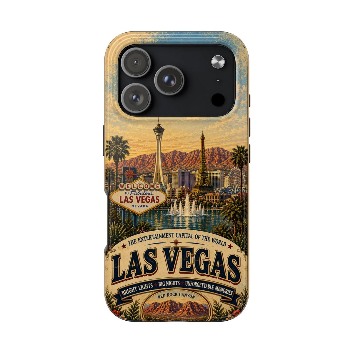 Las Vegas Faux Patchwork Phone Case – Entertainment Capital Retro Travel Art, Strip Skyline & Desert Sunset Cover
