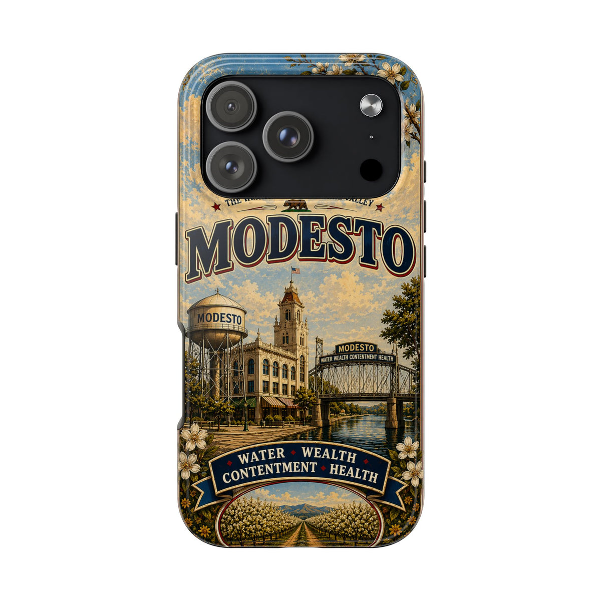 Modesto Faux Patchwork Phone Case – Central Valley Heritage Retro Travel Art, Orchard & Waterfront Cover