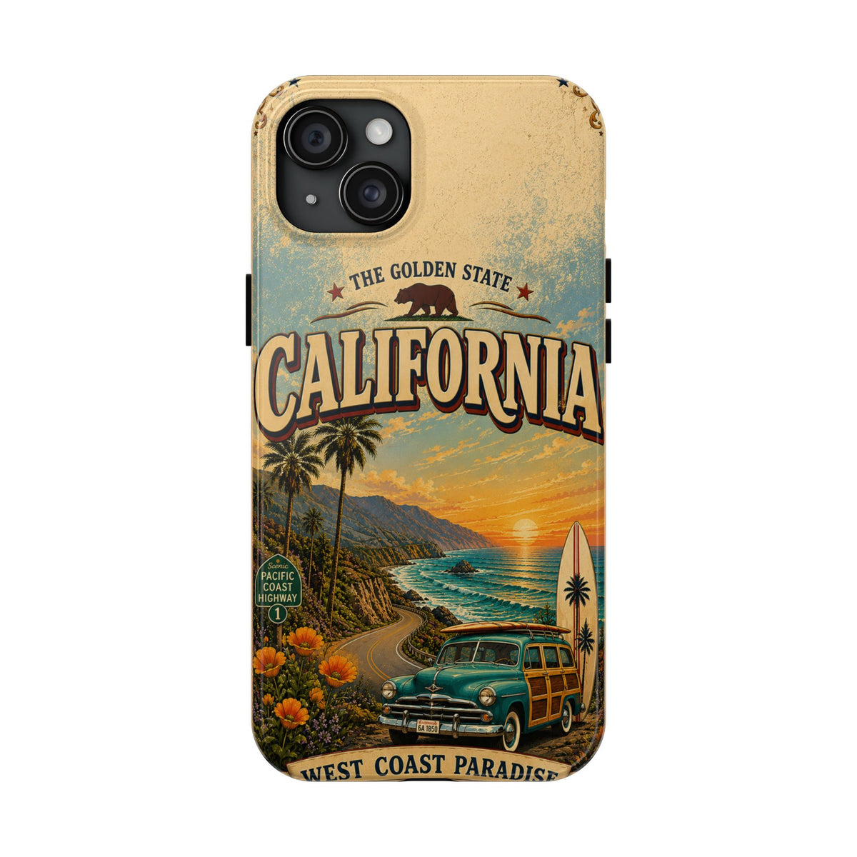 California Golden State Faux Patchwork Phone Case Vintage Travel Poster Retro State Pride Cover
