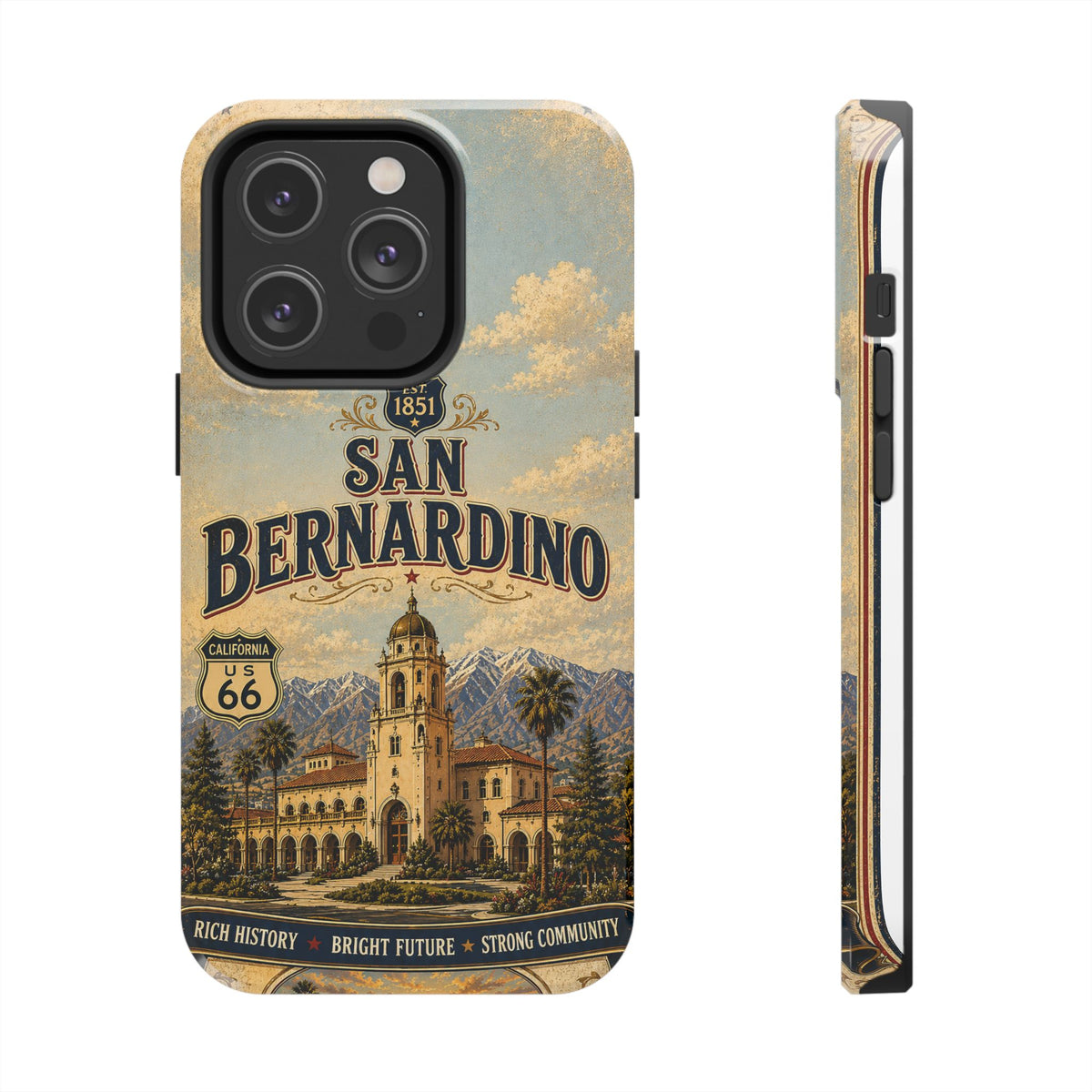 San Bernardino Route 66 Faux Patchwork Phone Case Vintage California Travel Poster Mountain Landmark Cover