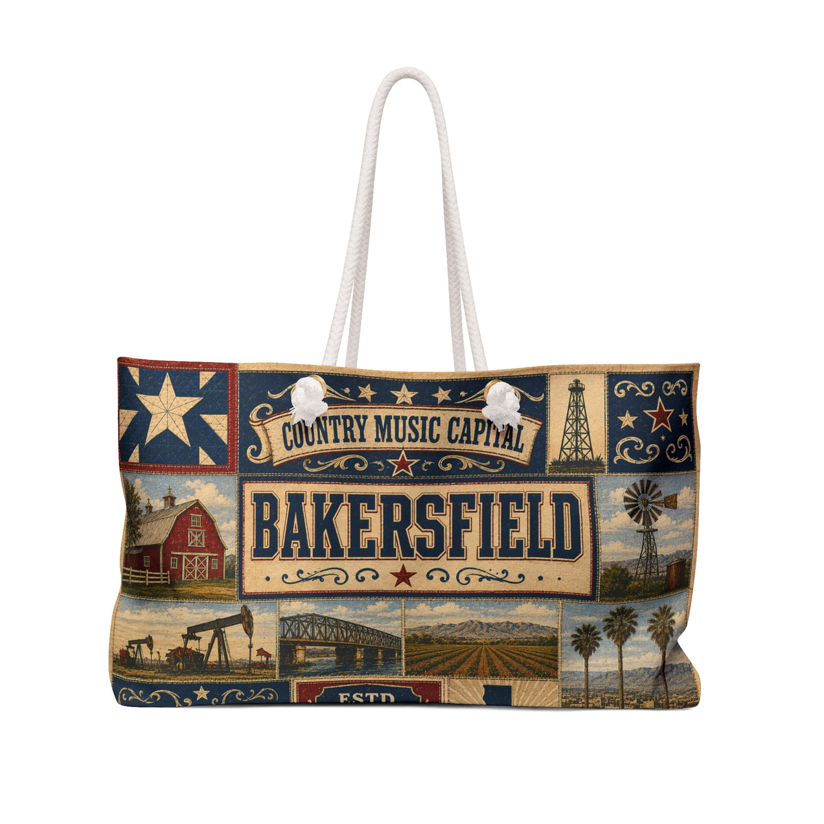Bakersfield California Weekender Bag Country Music Capital Faux Patchwork Travel Tote Rustic Western Vintage Getaway Gift