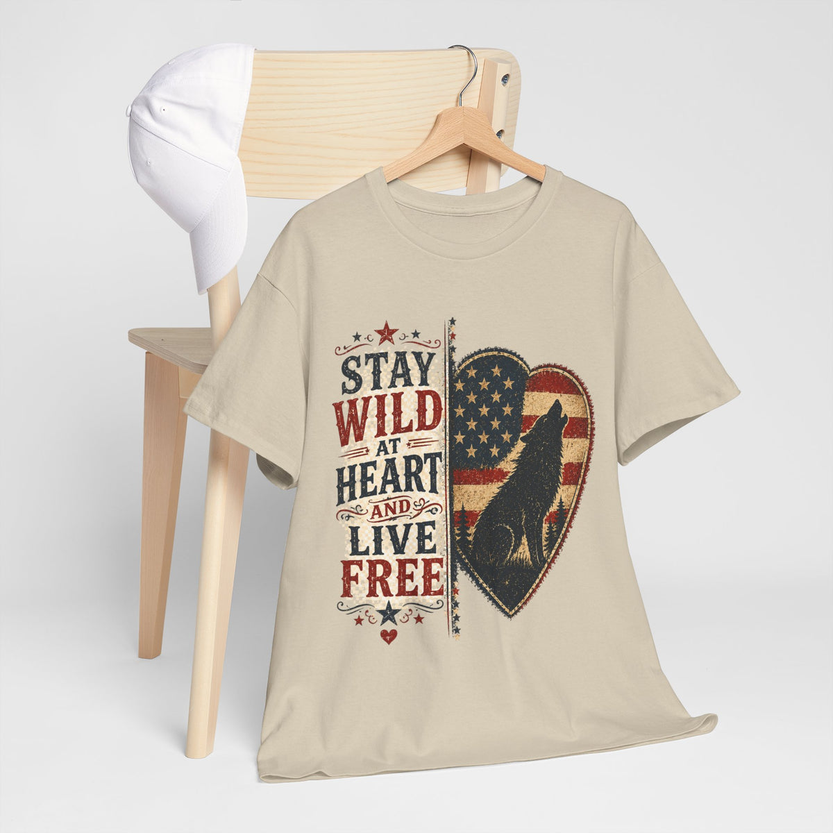 Stay Wild at Heart Live Free T-Shirt - Patriotic Wolf Heart Graphic