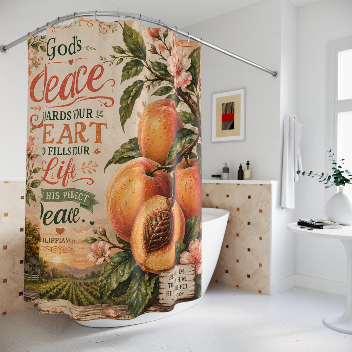 Peach Christian Shower Curtain Gods Peace Guards Your Heart Philippians 4 7 Farmhouse Faith Bathroom Decor