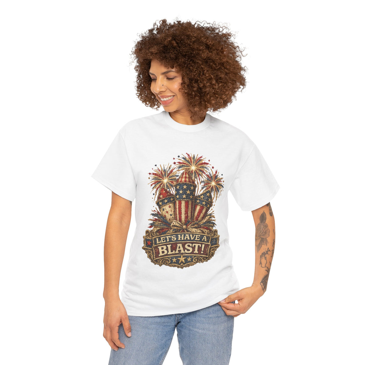 T-Shirt — "Let's Have a Blast!" American Flag Fireworks 4th of July Tee
