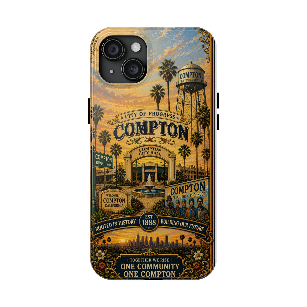 Compton Heritage Tough PhoCompton California Vintage Travel Phone Case City of Progress Retro Skyline Landmark Coverne Case — "One Community, One Compton" Vintage City Design