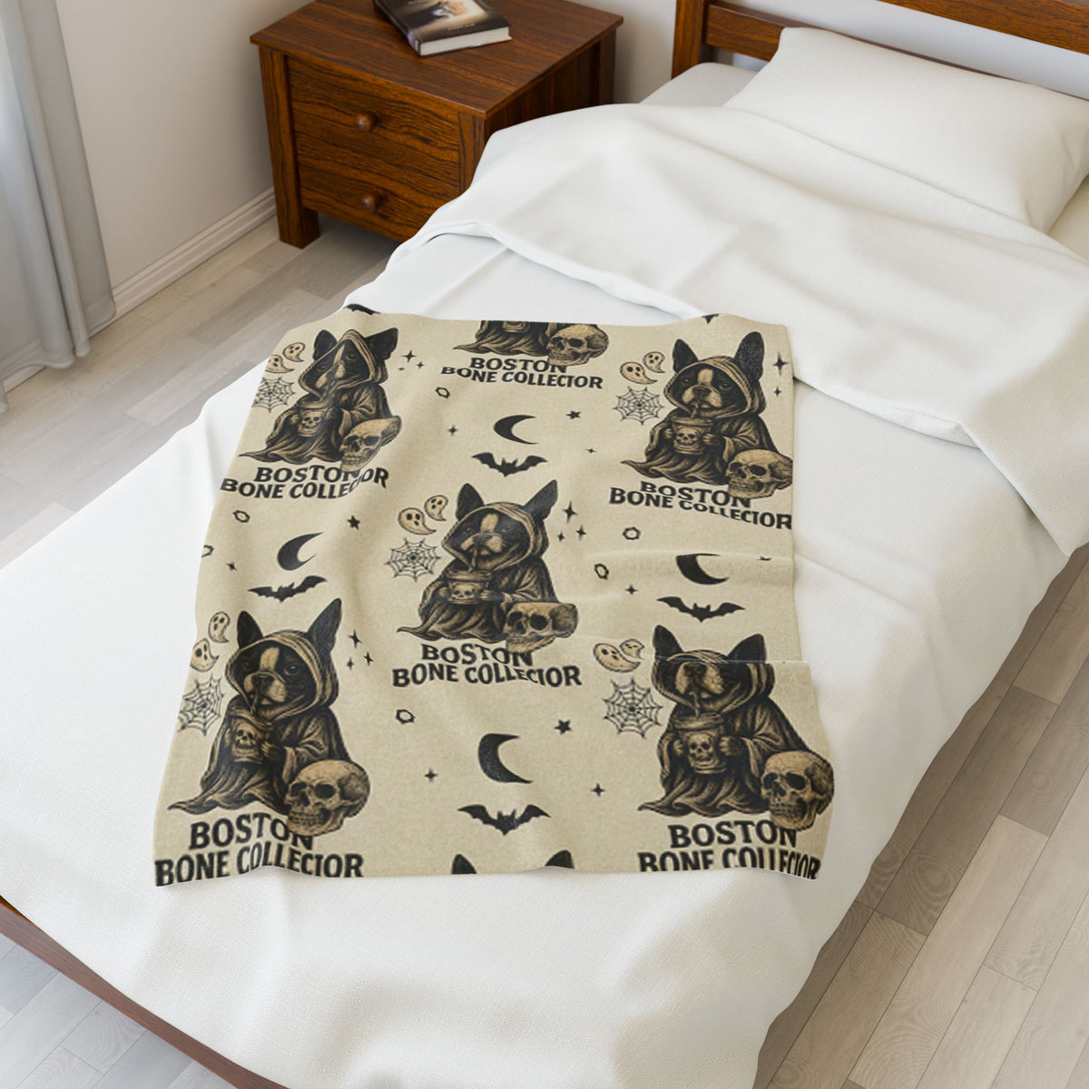 Velveteen Boston Borne Collector Dog Halloween Blanket – Spooky Pup Cozy Throw