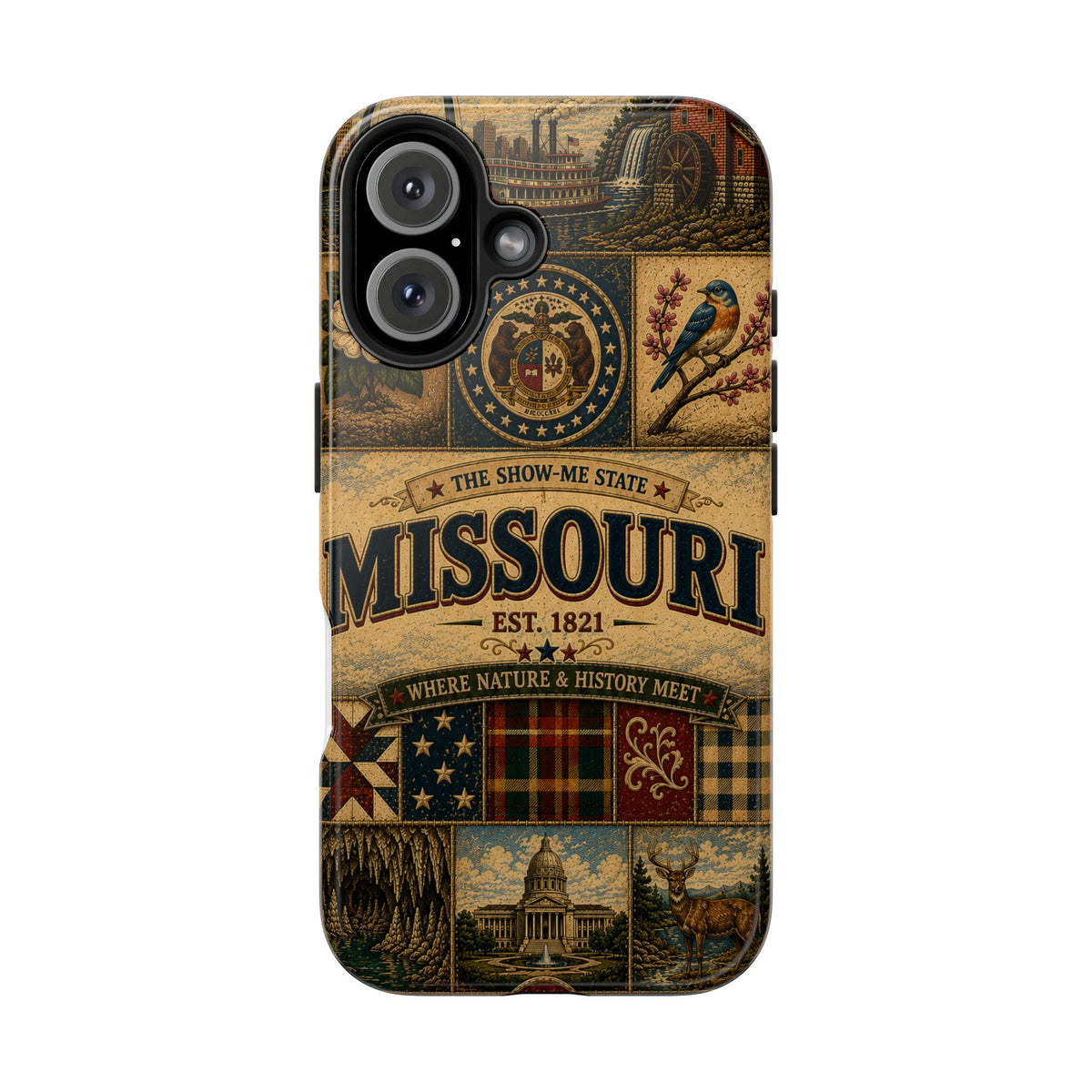 Missouri Show Me State Faux Patchwork Phone Case – Vintage Travel Poster Gateway Arch & Riverboat Cover for iPhone & Samsung