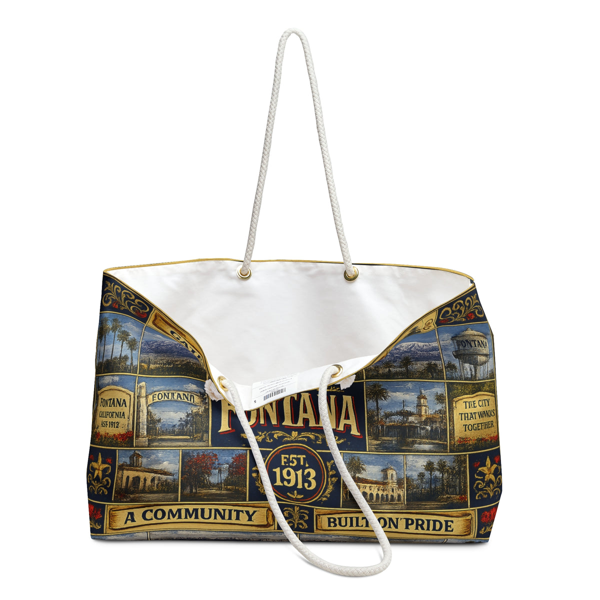 Fontana California Weekender Bag Gateway to Opportunity Faux Patchwork Travel Tote Built on Pride Inland Empire Gift