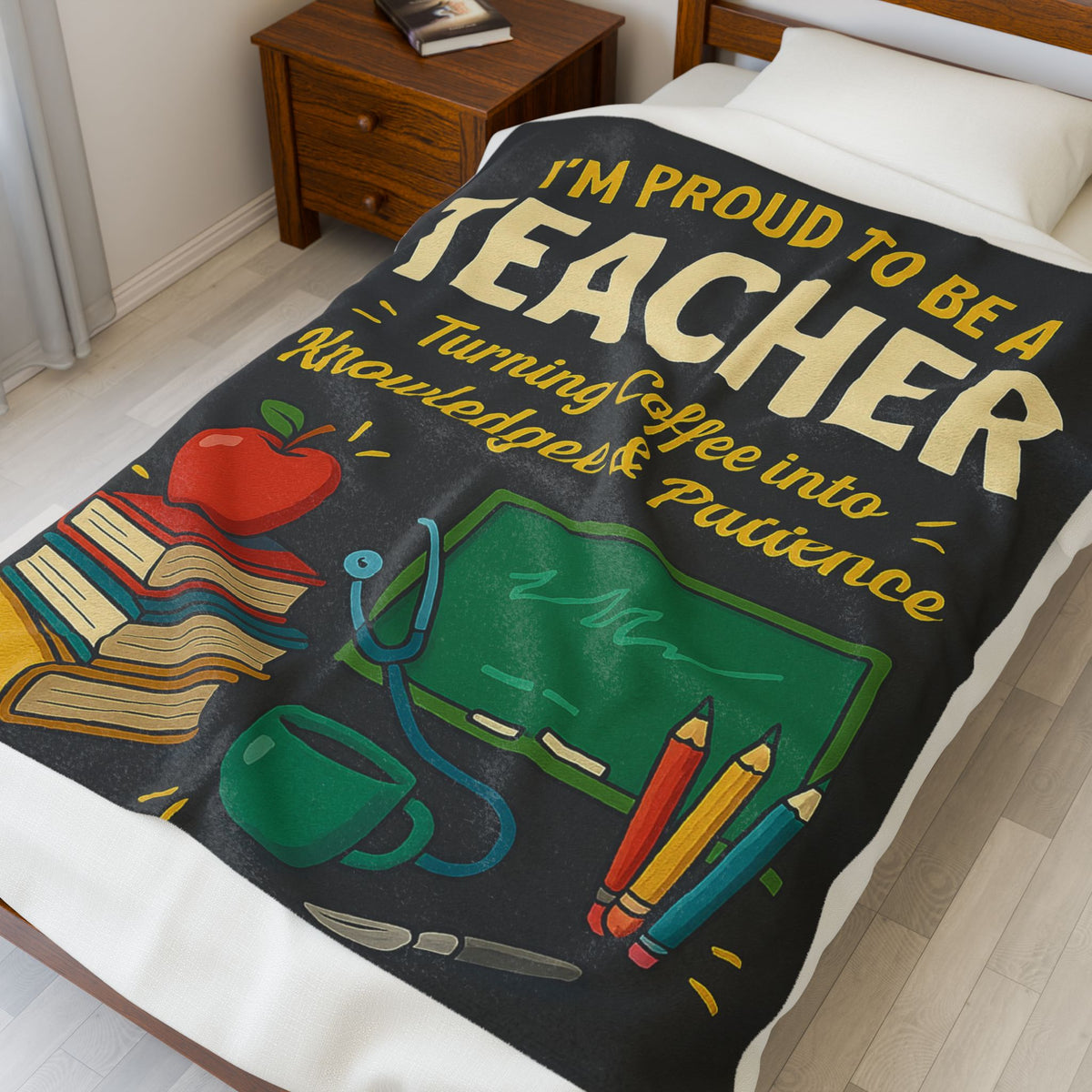 Teacher Velveteen Blanket – Funny Coffee into Knowledge & Patience Gift Throw