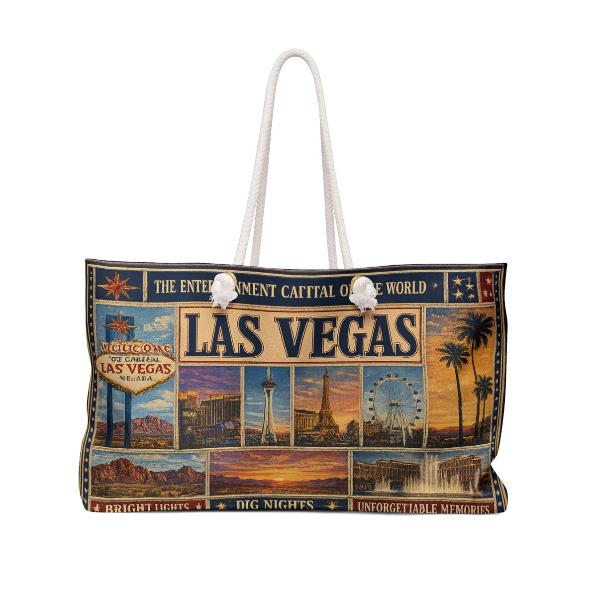 Las Vegas Nevada Weekender Bag Entertainment Capital of the World Faux Patchwork Travel Tote Vintage Strip Getaway Gift