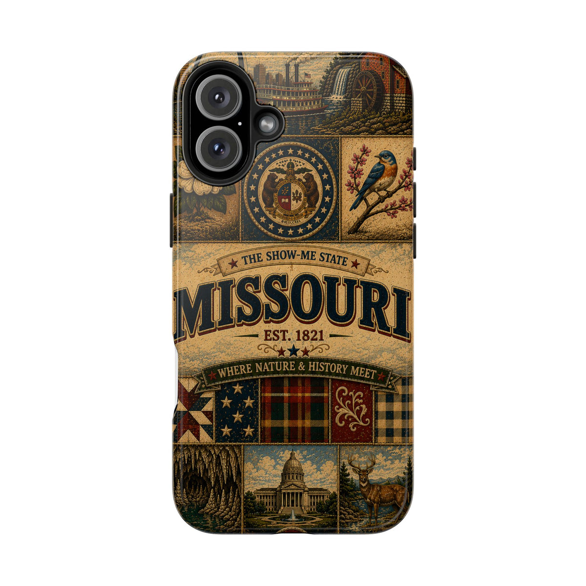 Missouri Show Me State Faux Patchwork Phone Case – Vintage Travel Poster Gateway Arch & Riverboat Cover for iPhone & Samsung