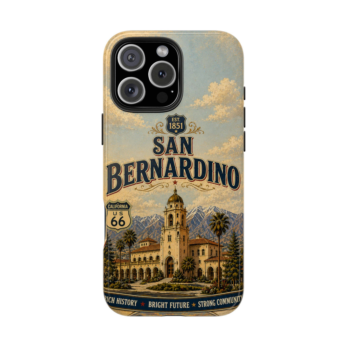 San Bernardino Route 66 Faux Patchwork Phone Case Vintage California Travel Poster Mountain Landmark Cover