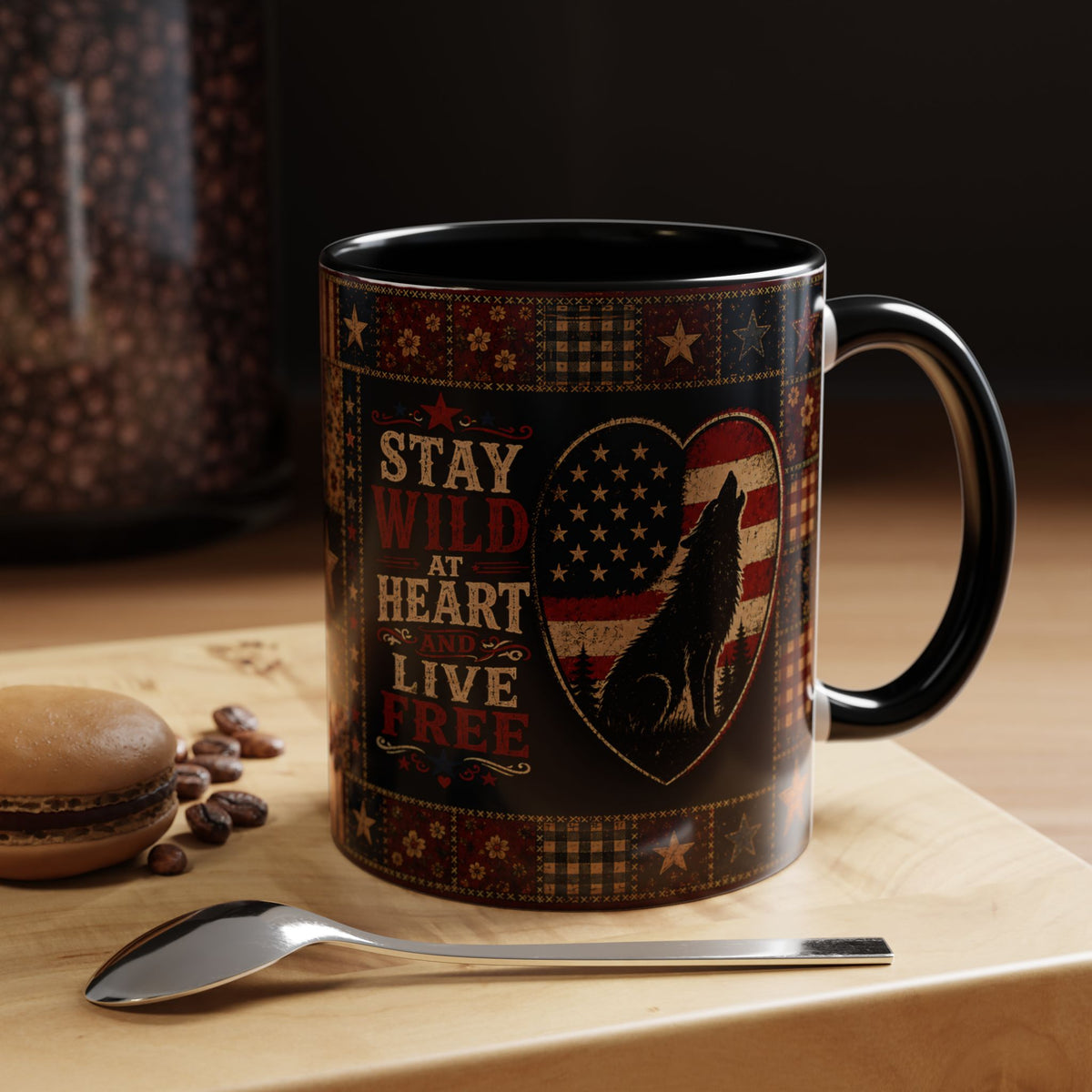 Patriotic Wolf Coffee Mug - "Stay Wild at Heart, Live Free" Accent Mug