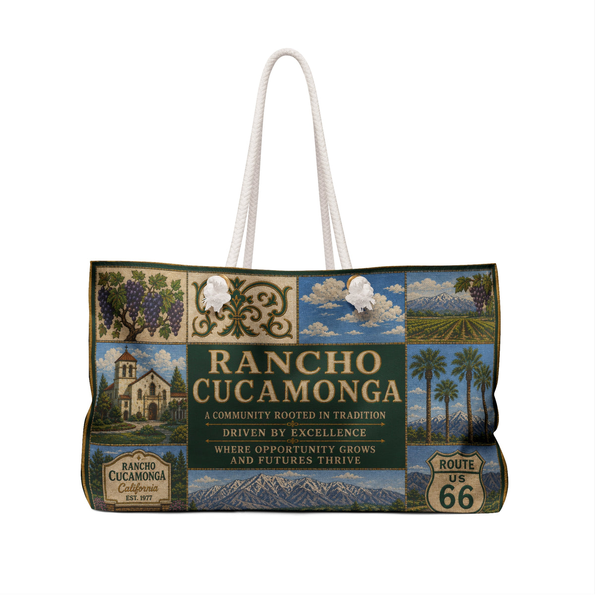 Rancho Cucamonga California Weekender Bag Route 66 Mountain Vineyard Faux Patchwork Travel Tote City Adventure Gift