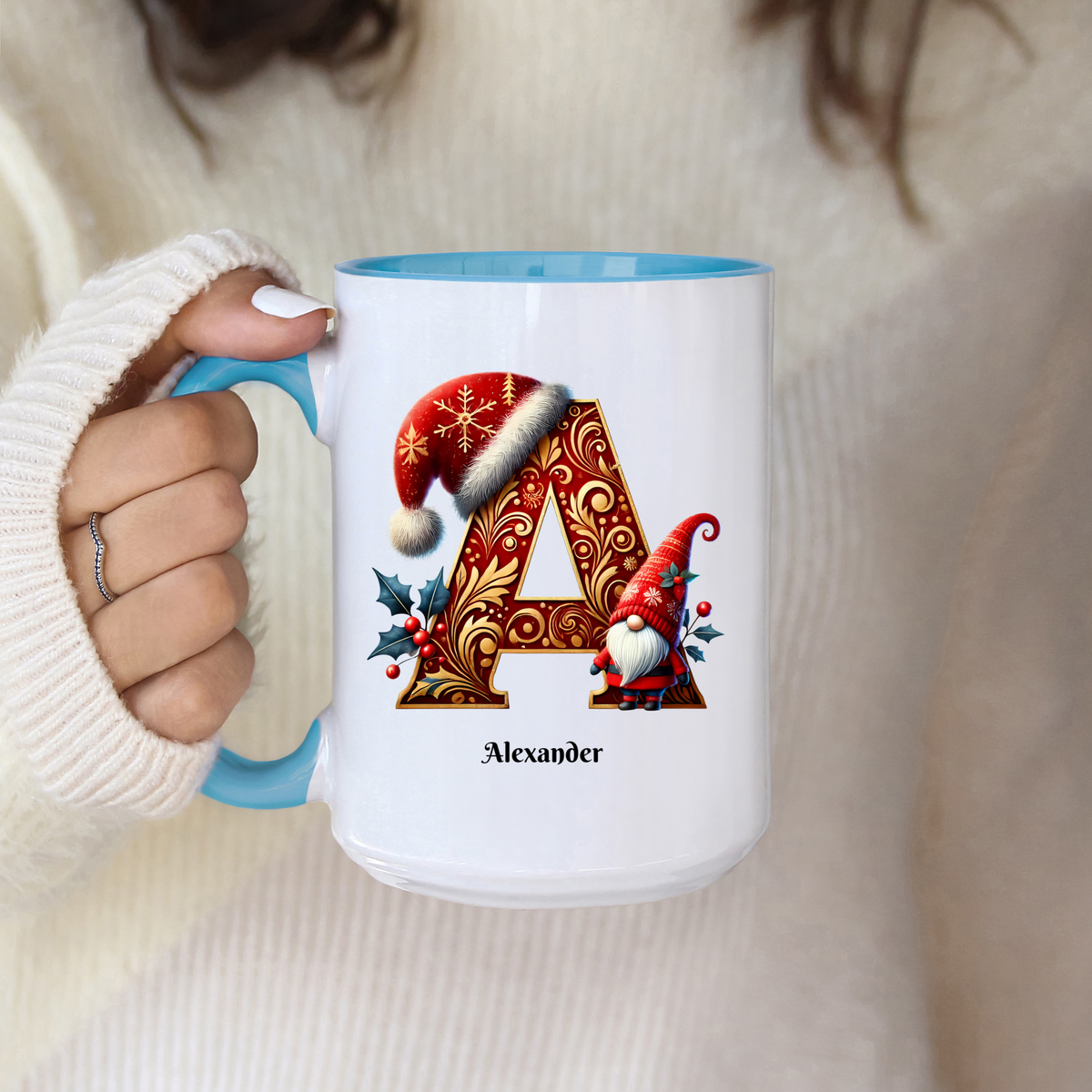 Personalized Christmas Alphabet Accent Mug – Custom Monogram Coffee Cup, Holiday Letter Mug, Custom Name Xmas Gift