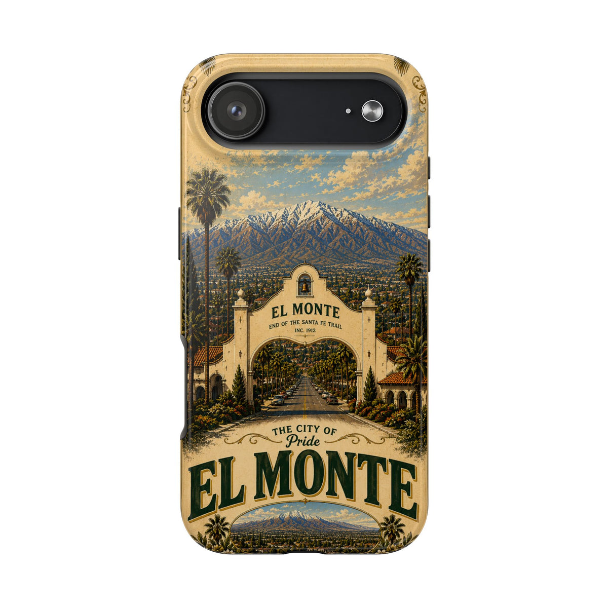 El Monte Faux Patchwork Phone Case – Santa Fe Trail Historic Archway Retro Travel Cover for iPhone 17 Samsung S26