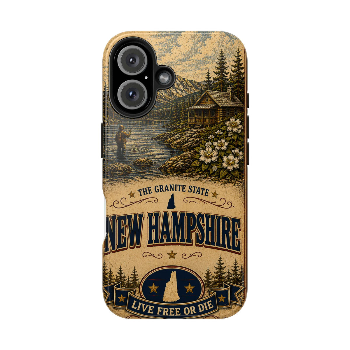 New Hampshire Faux Patchwork Phone Case Live Free or Die Granite State Vintage Travel Poster iPhone 17 Samsung S26 Cover