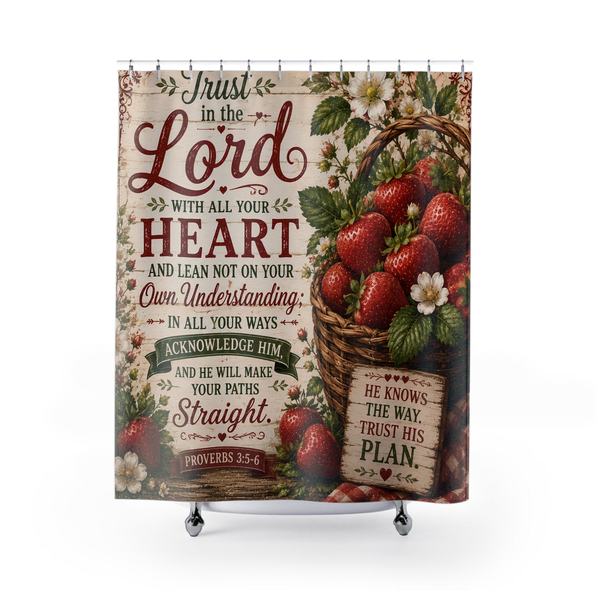 Strawberry Christian Shower Curtain Trust in the Lord Proverbs 3 5 6 Farmhouse Faith Bathroom Decor