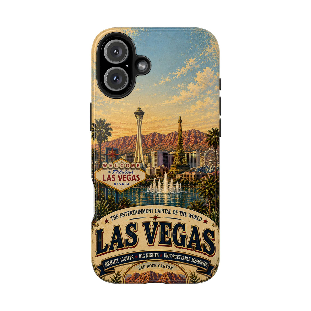 Las Vegas Faux Patchwork Phone Case – Entertainment Capital Retro Travel Art, Strip Skyline & Desert Sunset Cover