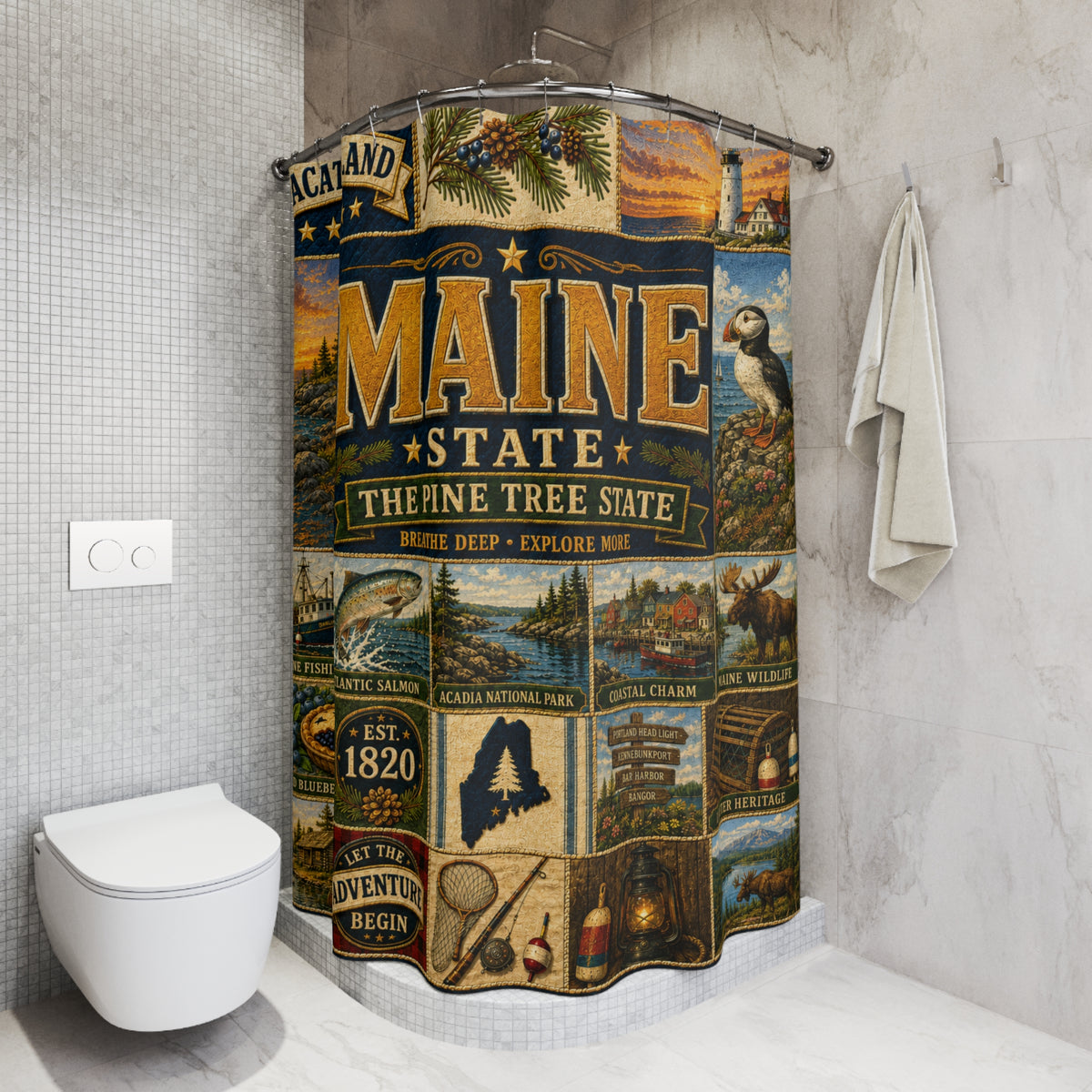 Maine Shower Curtain, Vacationland Coastal Decor, Pine Tree State Faux Patchwork, New England Bathroom Decor