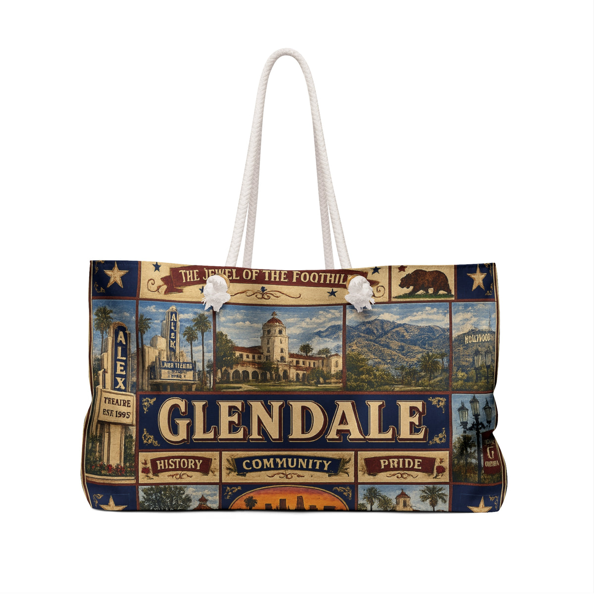 Glendale California Weekender Bag Jewel of the Foothills Faux Patchwork Travel Tote Alex Theatre Heritage Gift