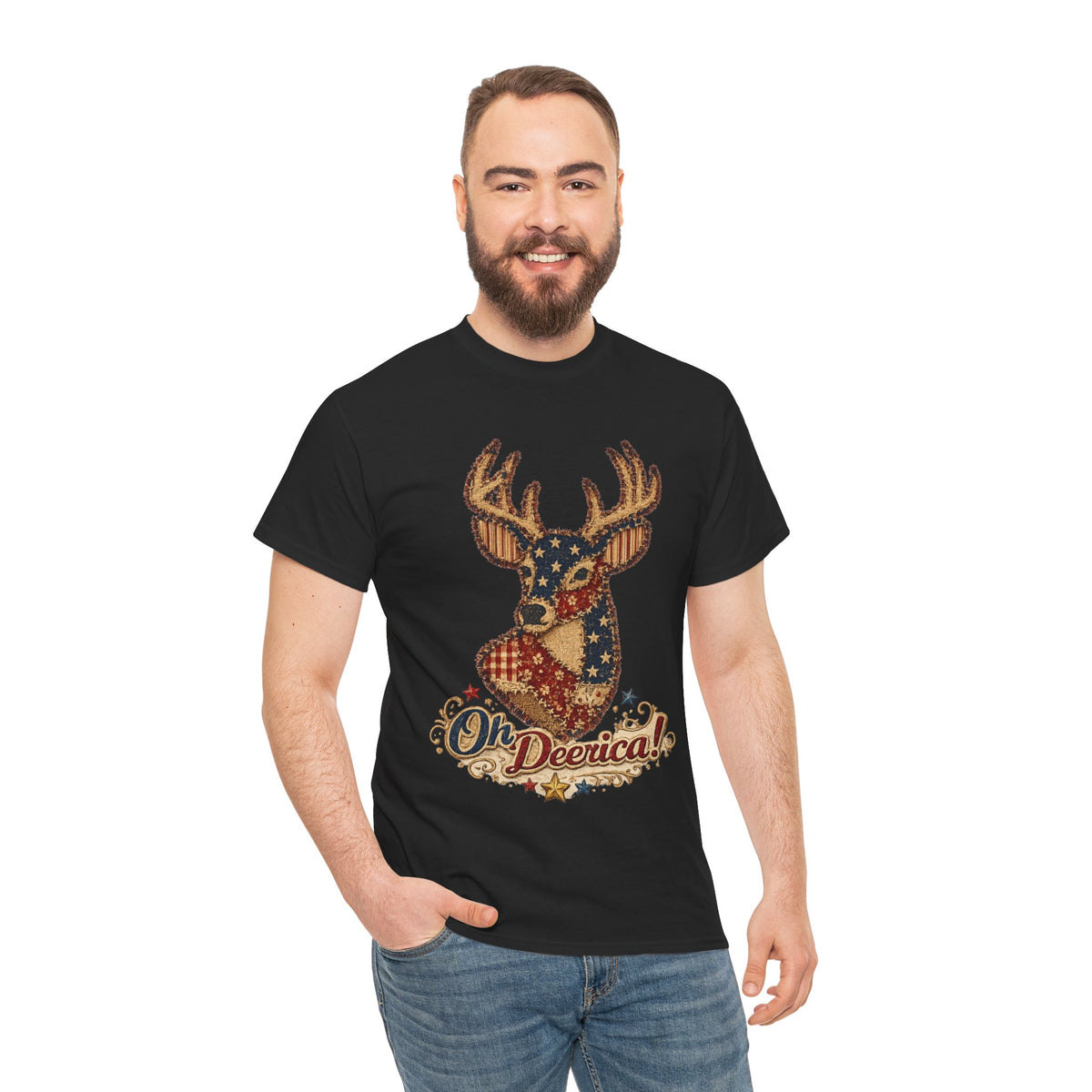 Deerica Patriotic Deer T-Shirt — "Oh Deerica!" American Flag Buck Tee