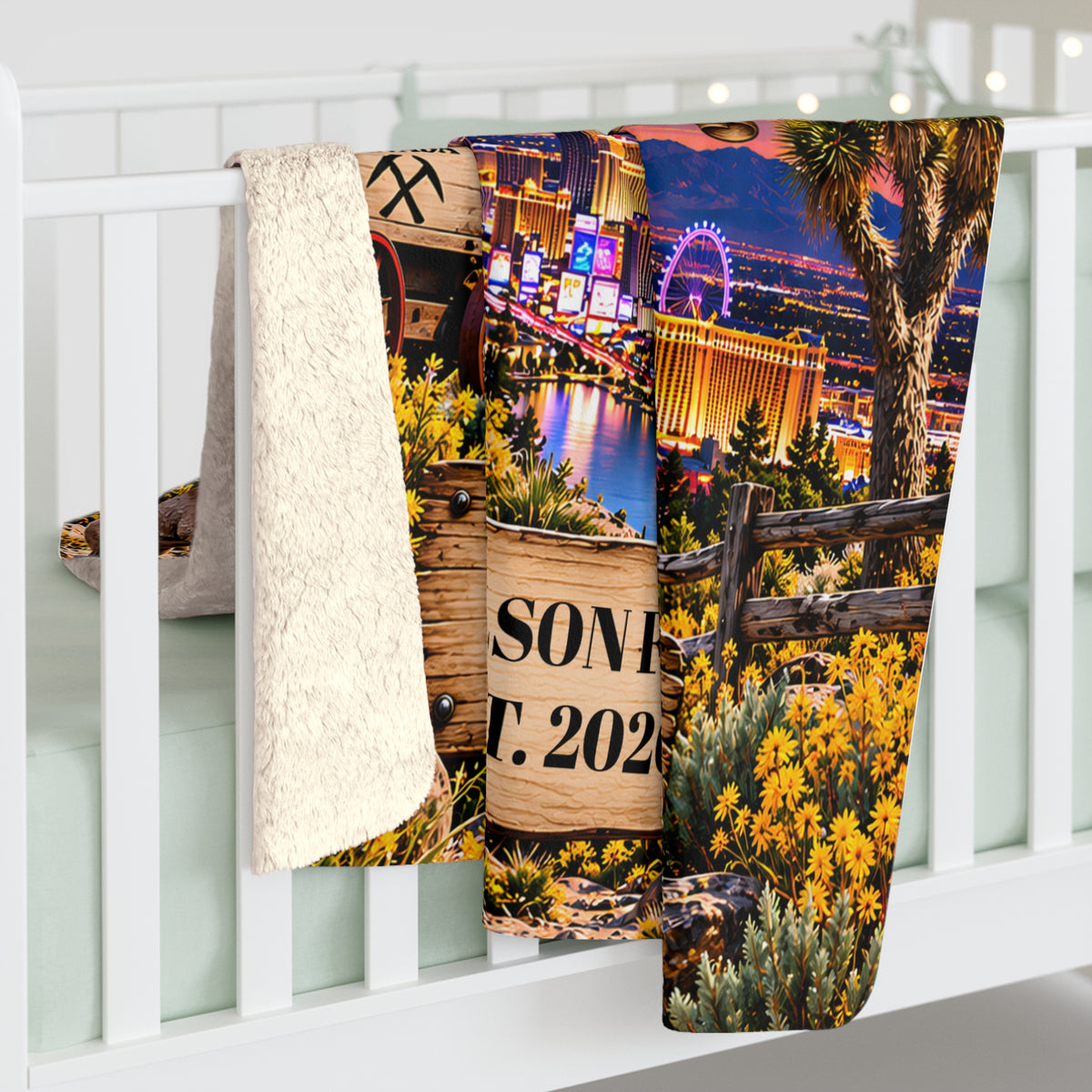 Nevada Personalized Sherpa Fleece Blanket, Silver State Desert Adventure Landmarks Custom Family Name Gift