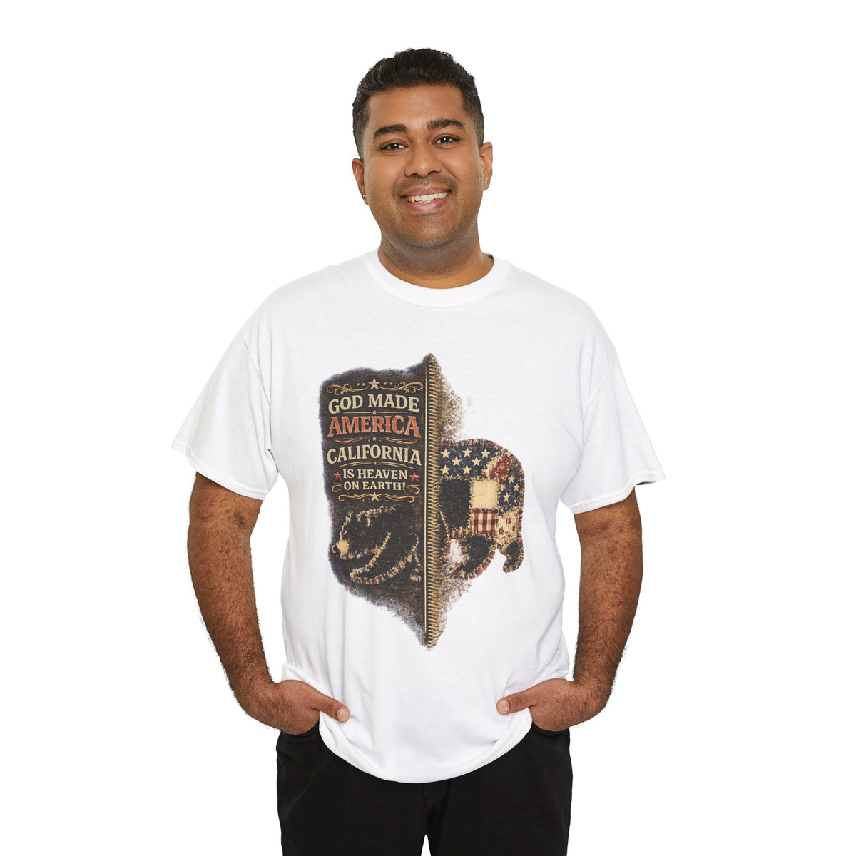 California Buffalo Patriotic T-Shirt — "God Made America, California Is Heaven on Earth"