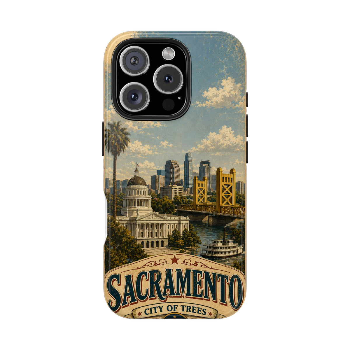 Sacramento City of Trees Faux Patchwork Phone Case Vintage California Landmark Travel Poster Cover