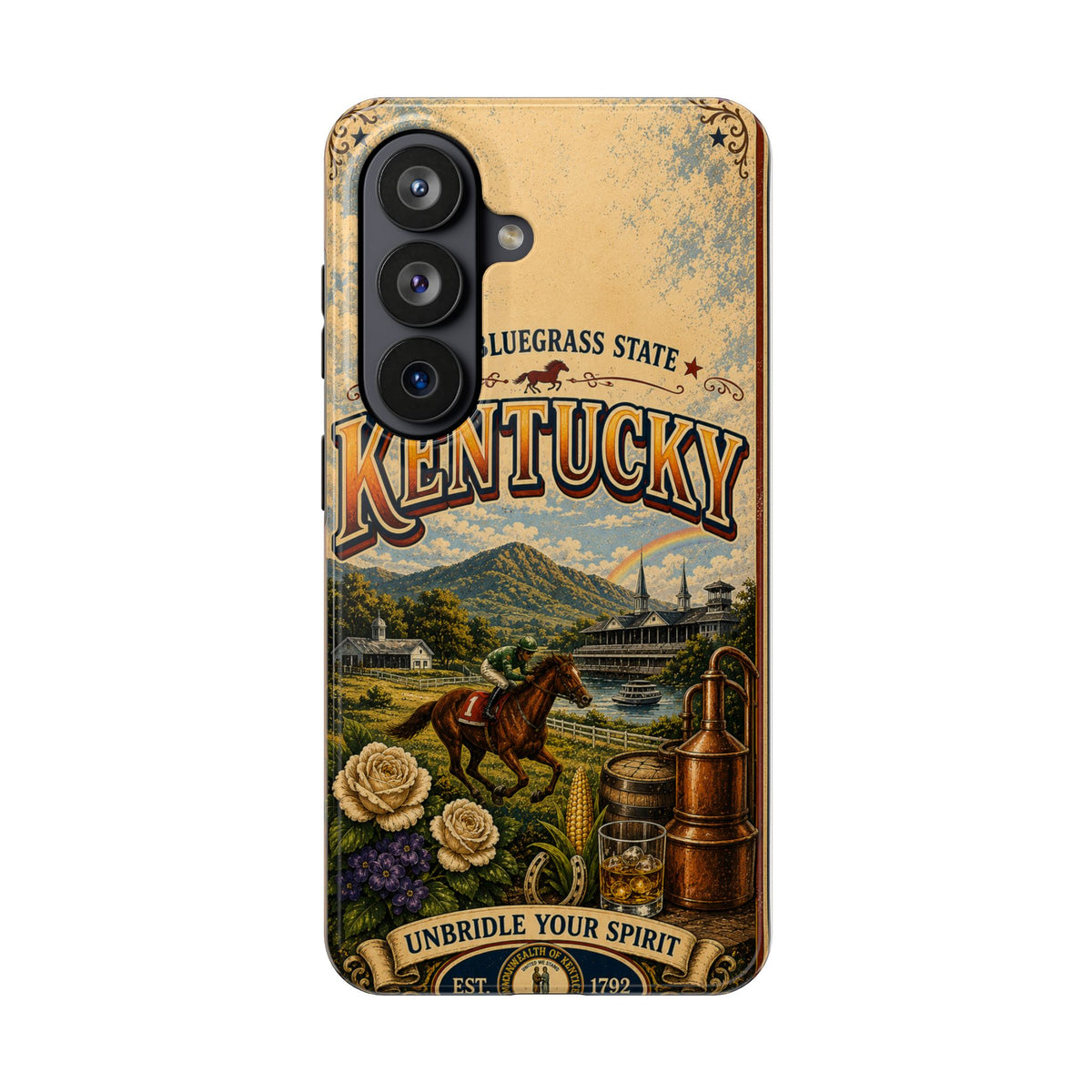 Kentucky Bluegrass State Faux Patchwork Phone Case – Vintage Travel Poster Style Kentucky Souvenir Cover for iPhone & Samsung