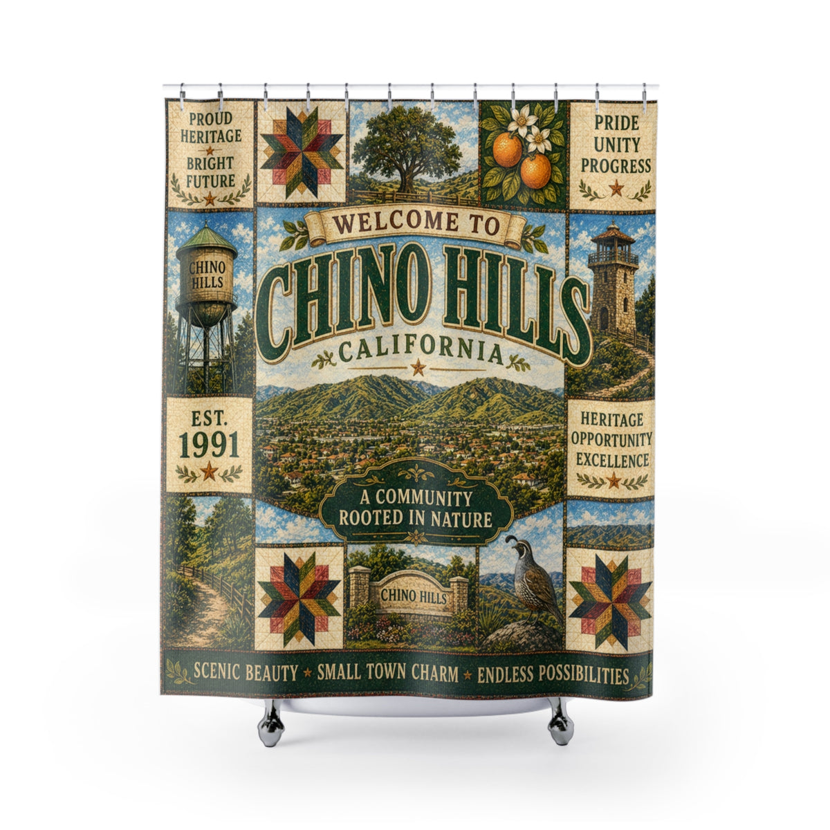Chino Hills California Shower Curtain Faux Patchwork City Landmarks Southern California Rustic Bathroom Decor