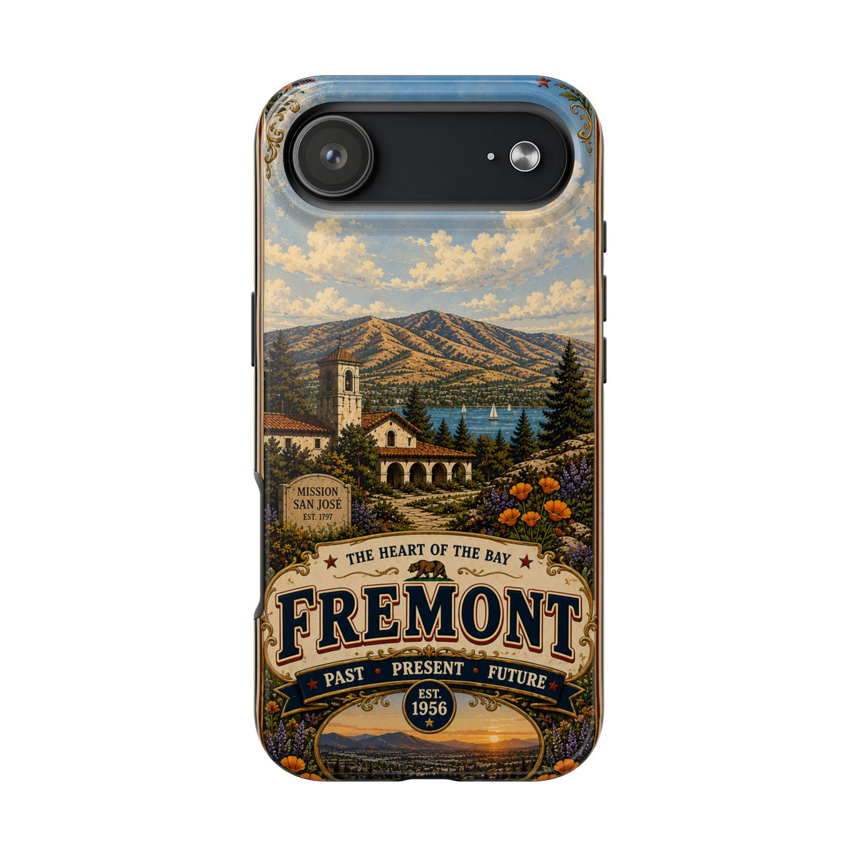 Fremont California Faux Patchwork Phone Case – Heart of the Bay Retro Travel Art, Mission San José Landmark Cover